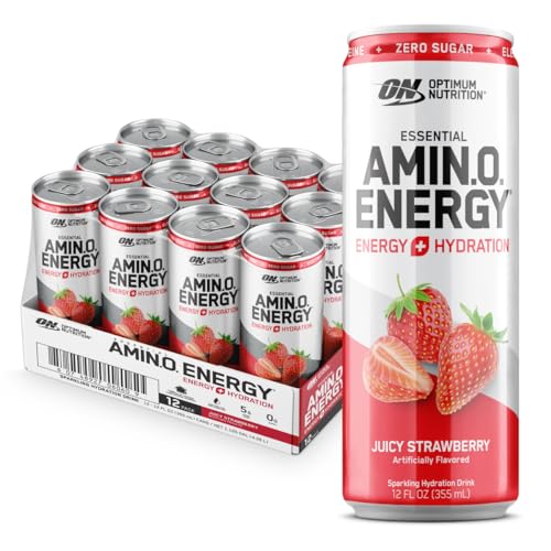 Optimum Nutrition Amino Energy Drink + Electrolytes for Hydration - Sugar Free, Amino Acids, BCAA, Keto Friendly, Sparkling Drink - Juicy Strawberry, Pack of 12 (Packaging May Vary)