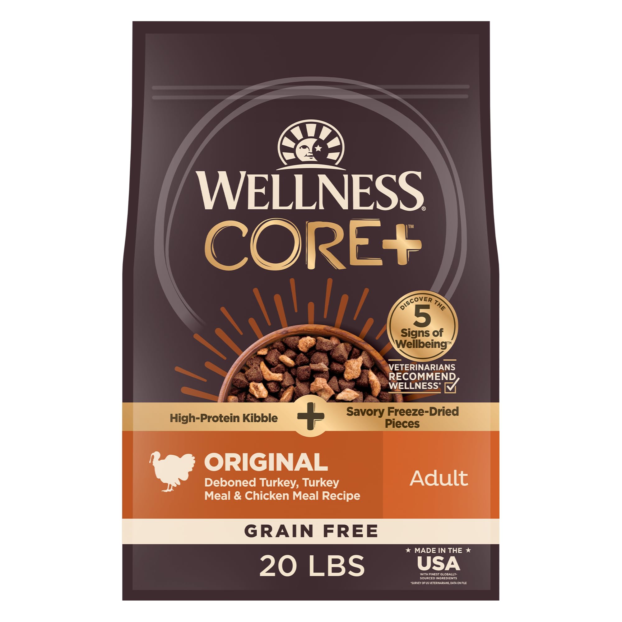 Wellness CORE+ Dry Dog Food with Freeze Dried Pieces, Grain Free, High Protein, Natural, Original Turkey & Chicken Recipe, (20-Pound Bag)