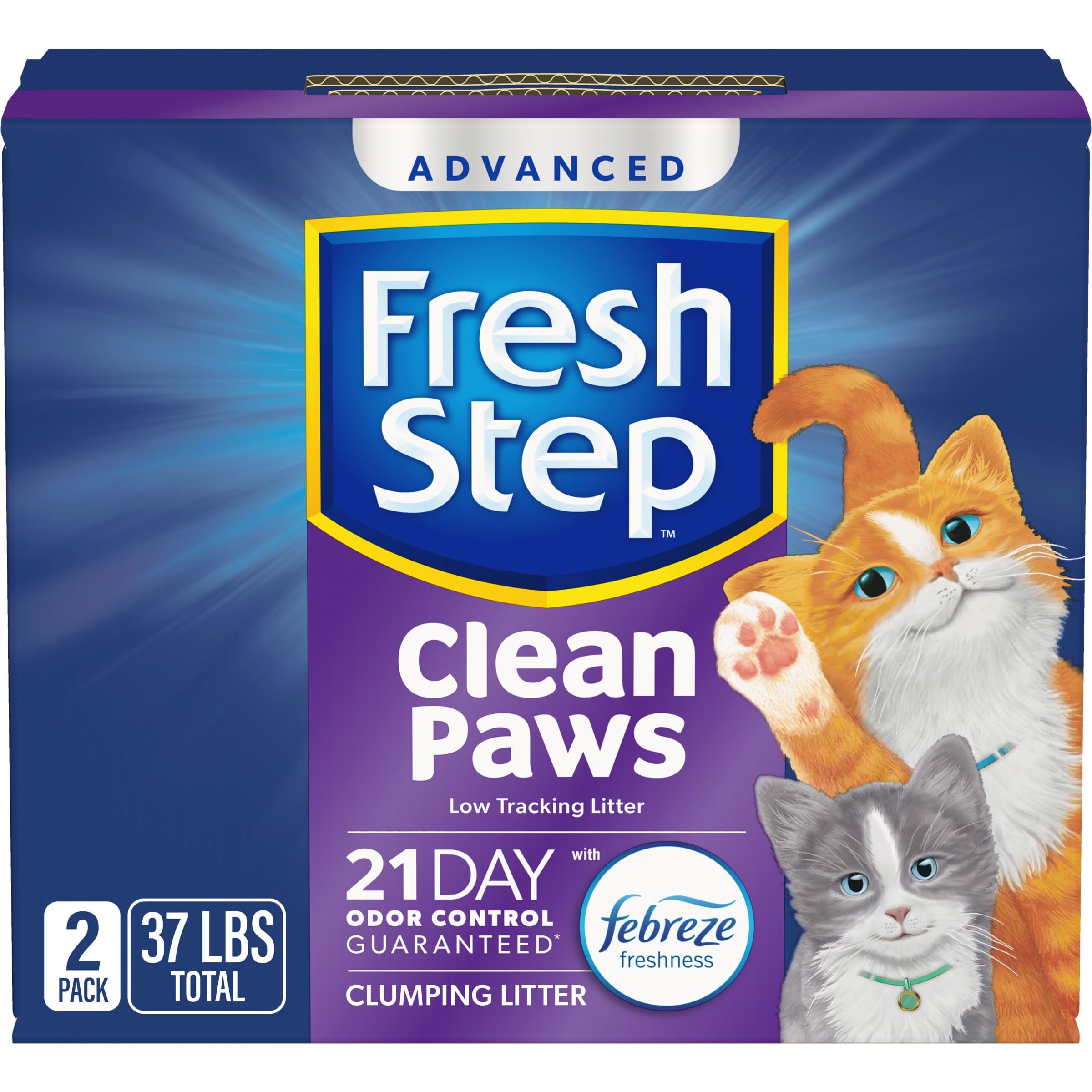 Fresh Step Clean Paws Cat Litter with Febreze Freshness, Advanced Multi Cat Low Tracking Clumping Litter, 37 lbs. (2 x 18.5 lb. Box)